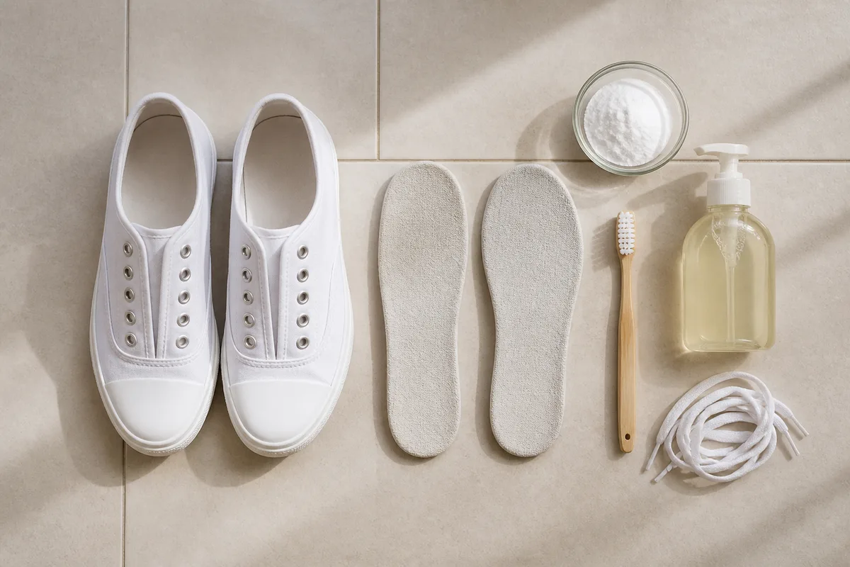 Baskets en toile blanche posées sur un plan de travail avec brosse et bol de bicarbonate