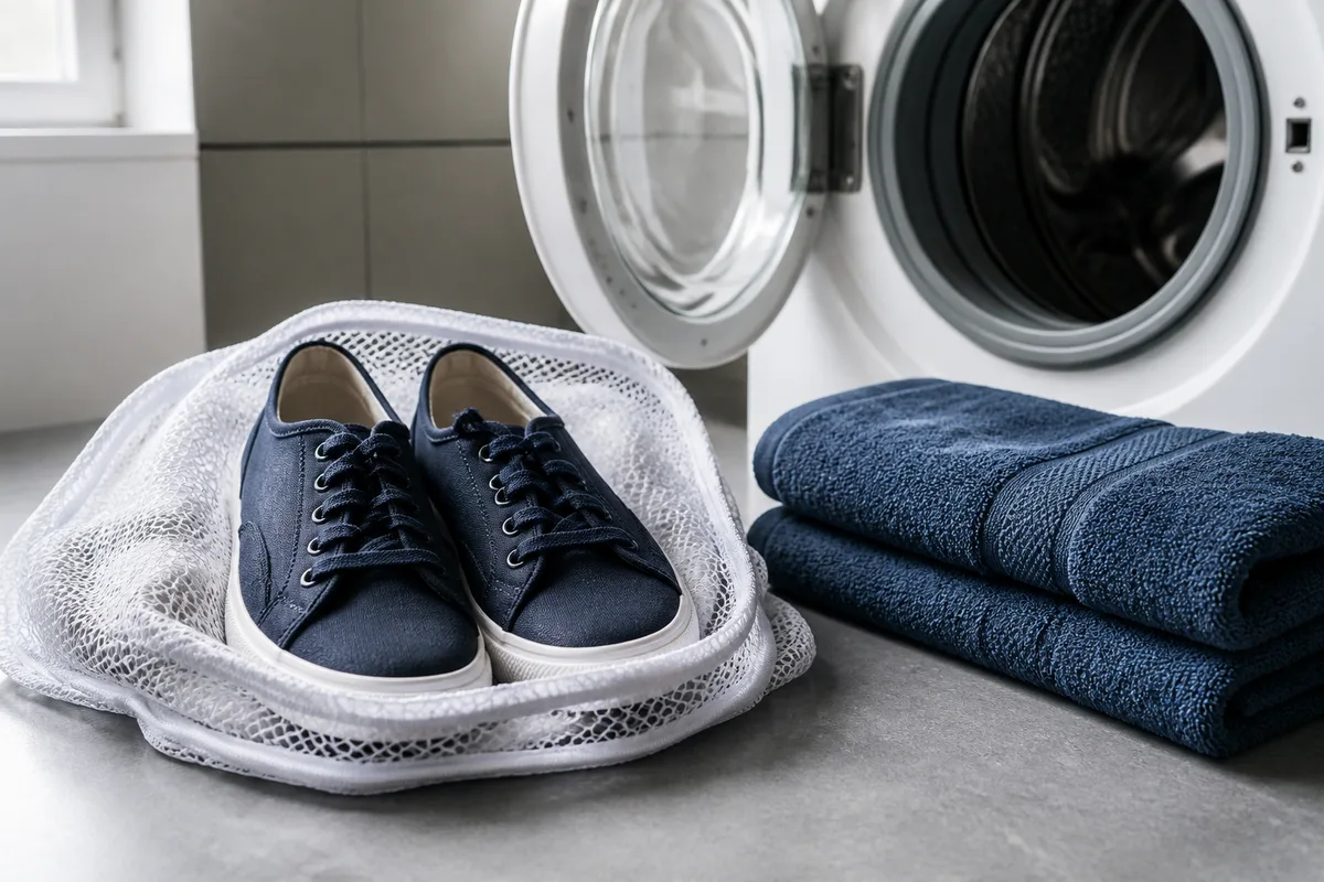 Baskets en toile enveloppées dans une serviette devant le hublot ouvert d&rsquo;un lave-linge