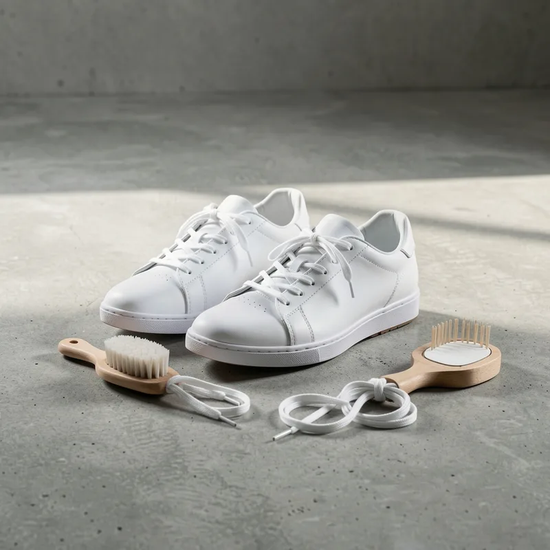 Paire de sneakers blanches posée sur un fond sobre, détail de la tige et de la semelle